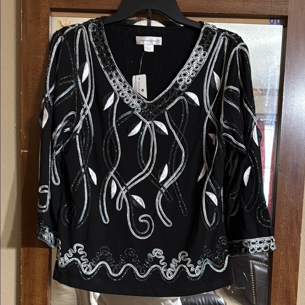 Christopher & Banks Black and White Embellished 3/4 Sleeve Blouse